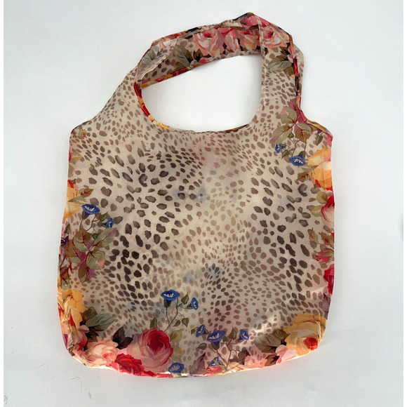 Johnny Was Reusable Bag Tan Floral Cheetah Foldable Packable - Picture 2 of 8